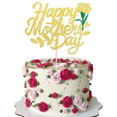 1 Pack Happy Mother's Day Cake Topper Glitter Heart Love You Mom Cake Pick Rose Best Mom Cupcake Decorations for Mother's Day Party Cake Decoration Gold