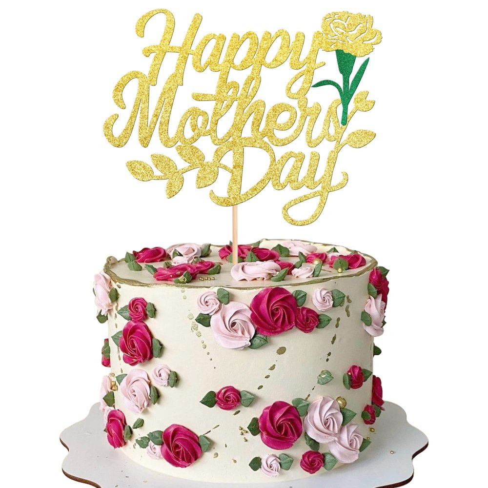 1 Pack Happy Mother's Day Cake Topper Glitter Heart Love You Mom Cake Pick Rose Best Mom Cupcake Decorations for Mother's Day Party Cake Decoration Gold