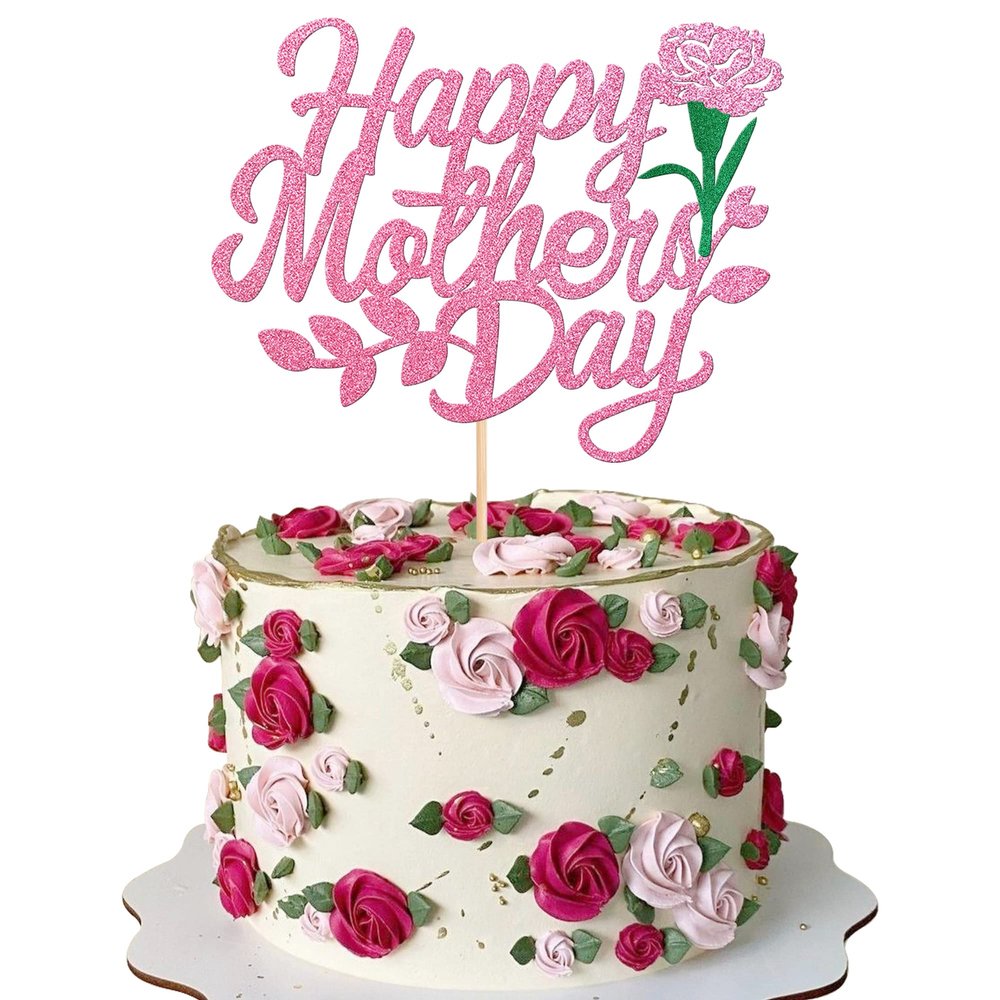 1 Pack Happy Mother's Day Cake Topper Glitter Rose Love Heart Best Mom Cake Pick for Women Birthday Happy Mother's Day Theme Party Cake Decoration Supplies Pink