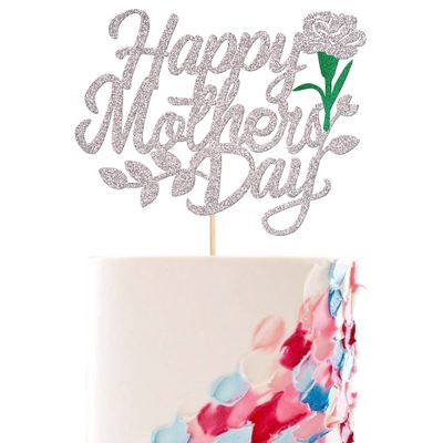 1 Pack Happy Mother's Day Cake Topper Glitter Heart Love You Mom Cake Pick Rose Best Mom Cupcake Decorations for Mother's Day Party Cake Decoration Silver