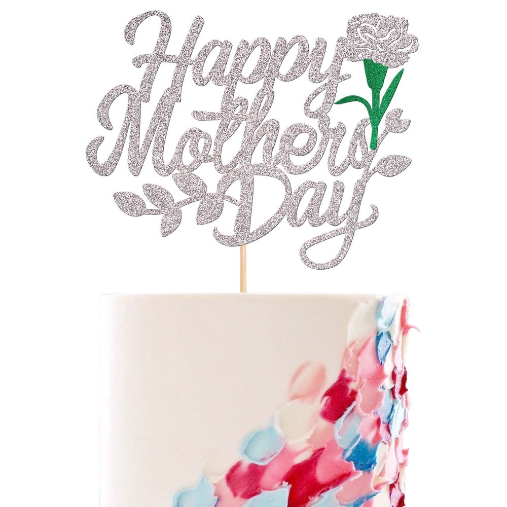 1 Pack Happy Mother's Day Cake Topper Glitter Heart Love You Mom Cake Pick Rose Best Mom Cupcake Decorations for Mother's Day Party Cake Decoration Silver