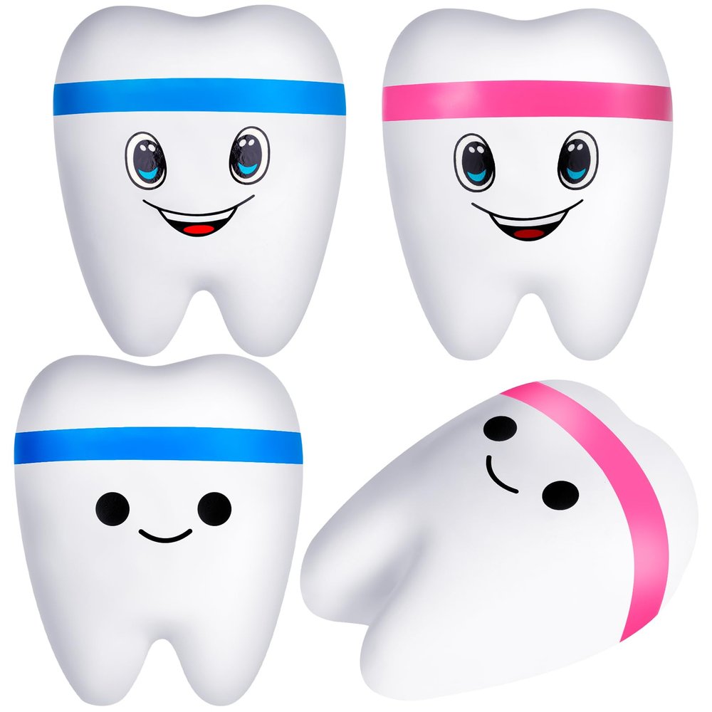 ZHWKMYP 4 Pcs Tooth Stress Ball, Slow Rising Jumbo Cartoon Teeth Shaped Stress Balls Bulk for Adults Dental Office Party Favors