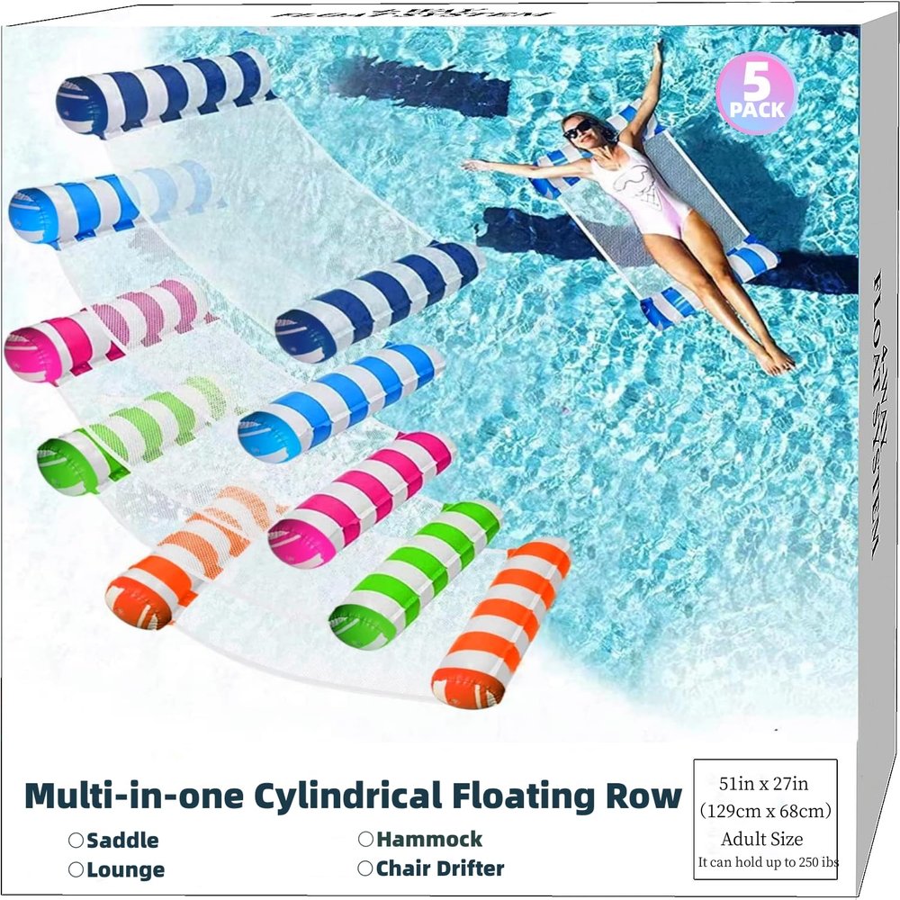 JUXIAO 5 Pack Upgrated XL Water Pool Floats, 4-in-1 (Hammock, Saddle, Lounge Chair, Drifter) Multi-Purpose Water Pool Float, Non-Stick PVC Material