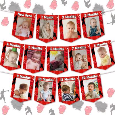 Boxing 1st Birthday Photo Banner for Boys Girls, Red Round One Banner for Baby from Newborn to 12 Months, Boxing Match Sport First Birthday Party Decorations