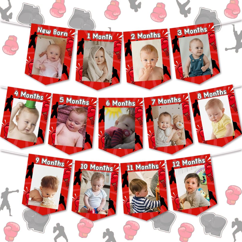 Boxing 1st Birthday Photo Banner for Boys Girls, Red Round One Banner for Baby from Newborn to 12 Months, Boxing Match Sport First Birthday Party Decorations