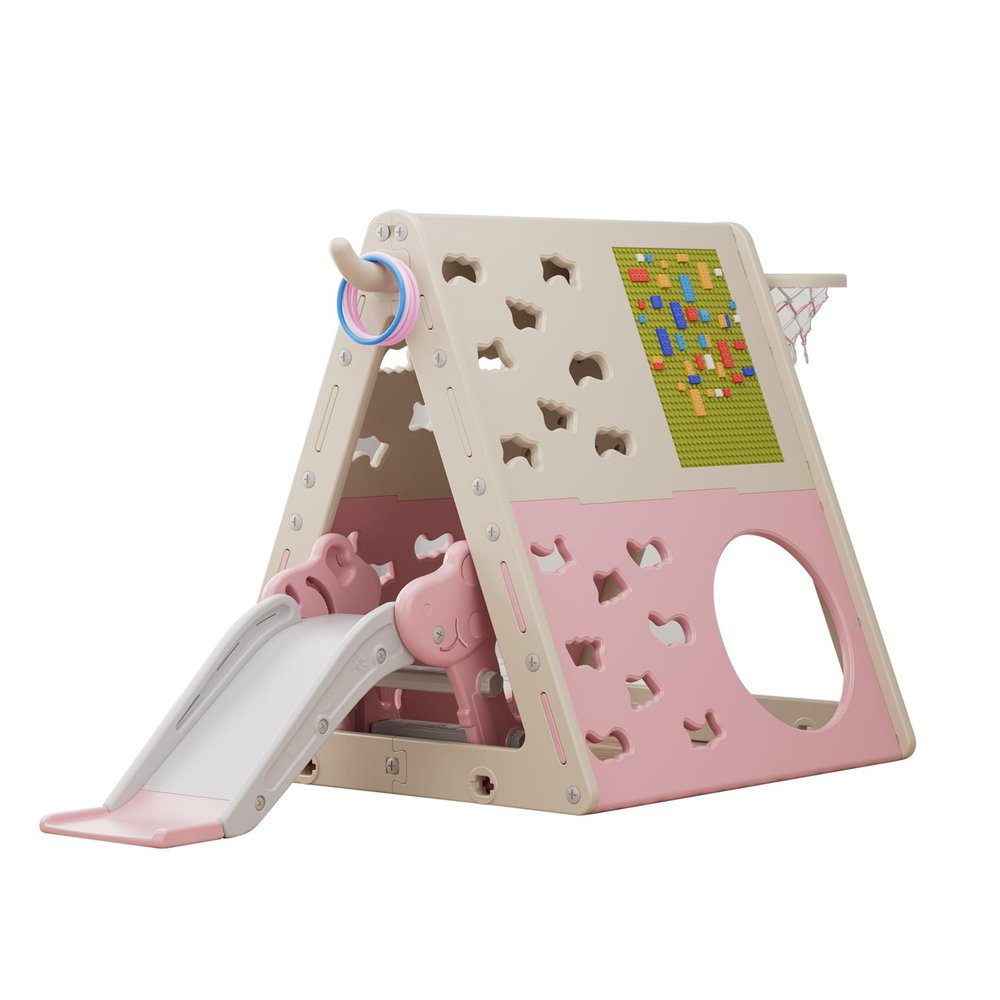 UNICOO Childrens 7 in 1 Multi-Functional Climbing Pyramid Set with Slide, Kids Climbing and Sliding Set for Home, Daycare (KU-C04-Pink)