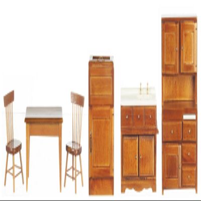Melody Jane Dolls Houses Dollhouse Old Fashioned Kitchen Furniture Set Walnut Wooden 6pc Miniature 1:12