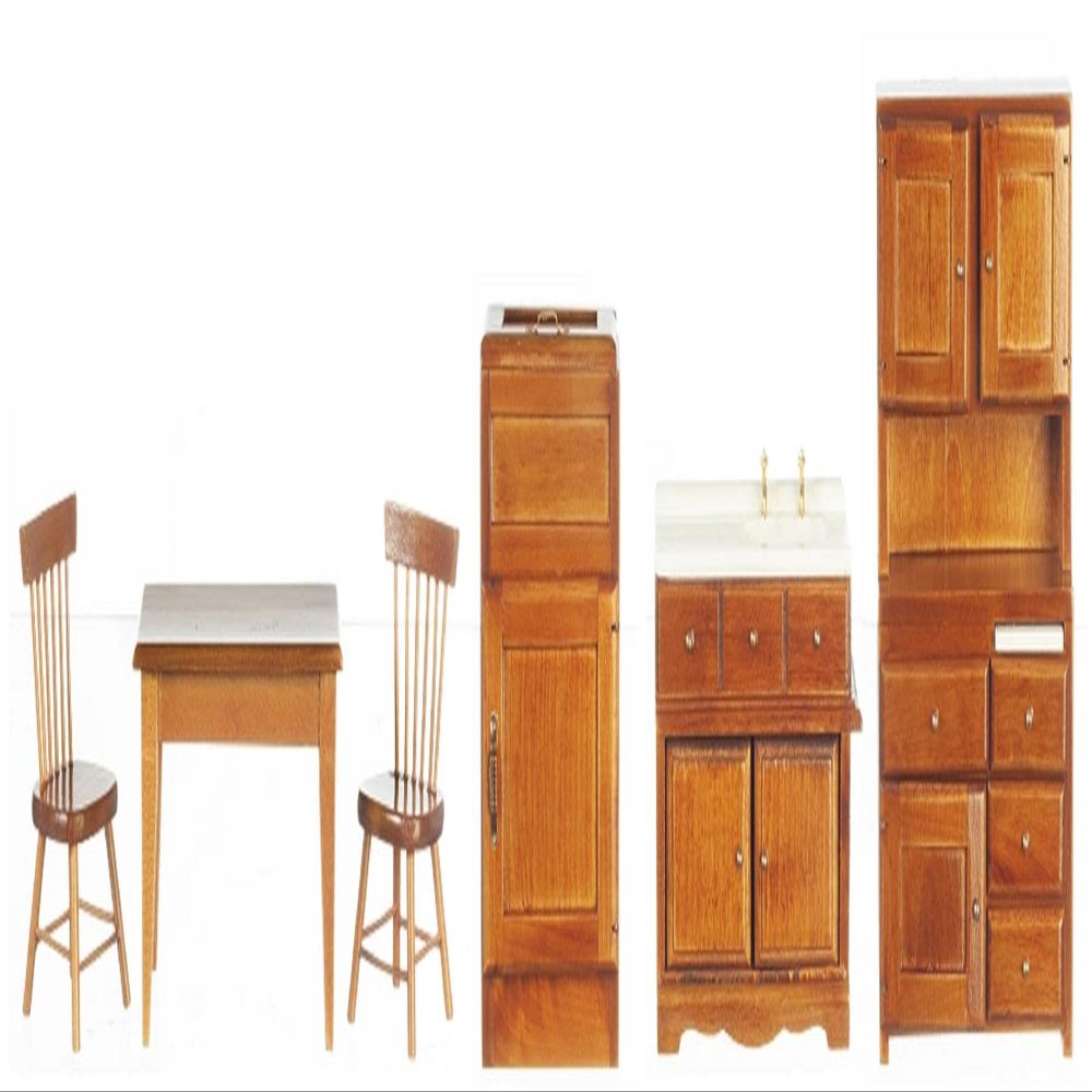Melody Jane Dolls Houses Dollhouse Old Fashioned Kitchen Furniture Set Walnut Wooden 6pc Miniature 1:12