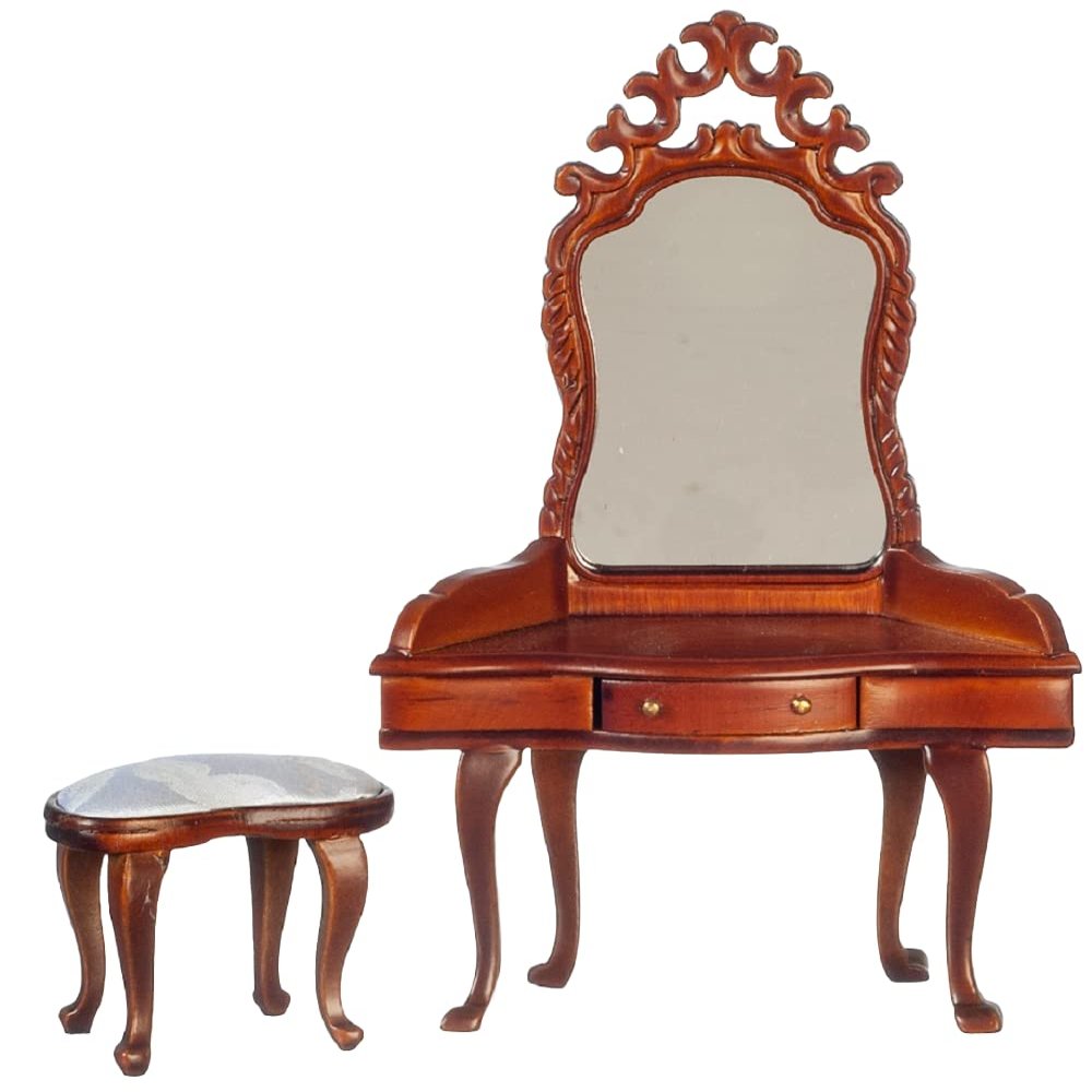 Melody Jane Dolls Houses Dollhouse Vanity Dressing Table & Stool Walnut Miniature Bedroom Furniture