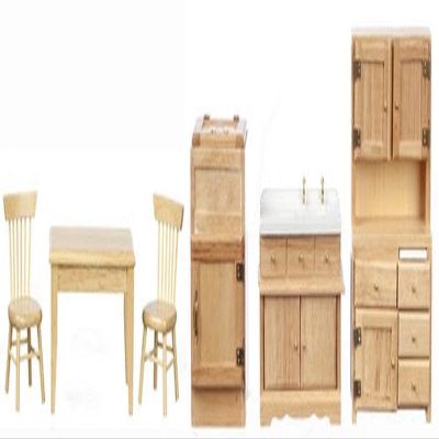 Melody Jane Dolls Houses Dollhouse Old Fashioned Kitchen Furniture Set Light Oak Wooden 6pc Miniature