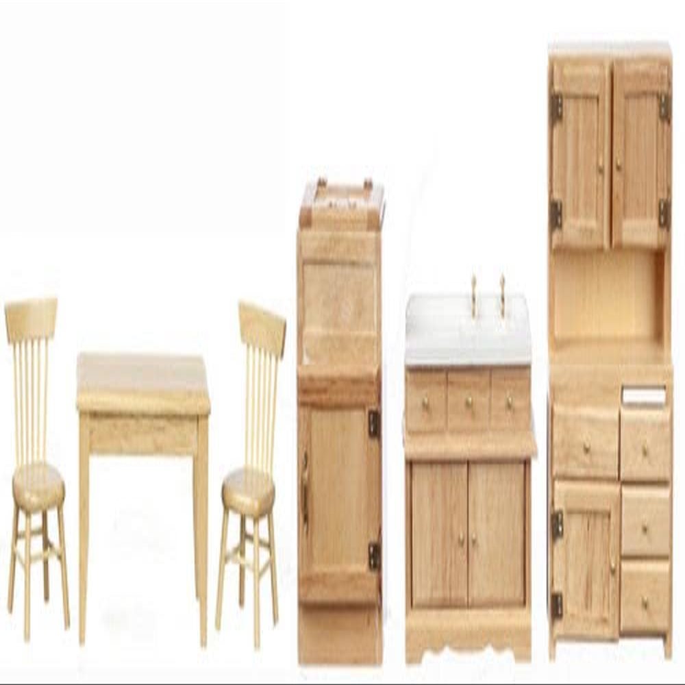 Melody Jane Dolls Houses Dollhouse Old Fashioned Kitchen Furniture Set Light Oak Wooden 6pc Miniature