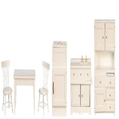 Melody Jane Dolls Houses Dollhouse Old Fashioned Kitchen Furniture Set White Wooden 6pc Miniature 1:12