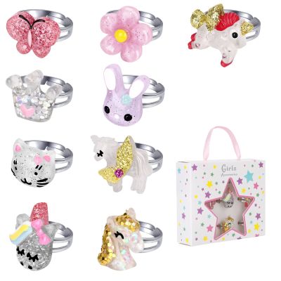 BGSHEMNI Little Girl Jewel Rings in Box, Adjustable Rings for 3-10 Year Old Girl Birthday Gifts, Play Jewelry for Little Girls, Unicorn Butterfly Jewelry Set
