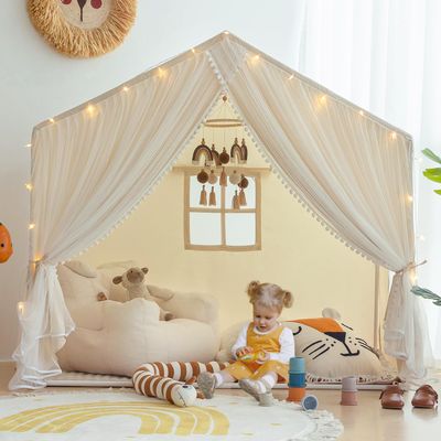 Kids Play Tent with Padded Mat, Kids Tents Indoor Playhouse for Toddler, Large Princess Castle Pompoms Play House Tent for Girl Bed Tents Toys for Boys Girl Birthday House Gift