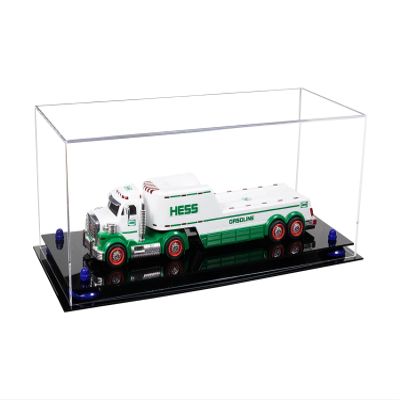 Better Display Cases Versatile Clear Acrylic Trucks, Trains and Rockets Display Case - Large Rectangle Box with Clear Case, Dark Blue Risers and Black Base 19.25" x 8.25" x 8" (A103/V47)