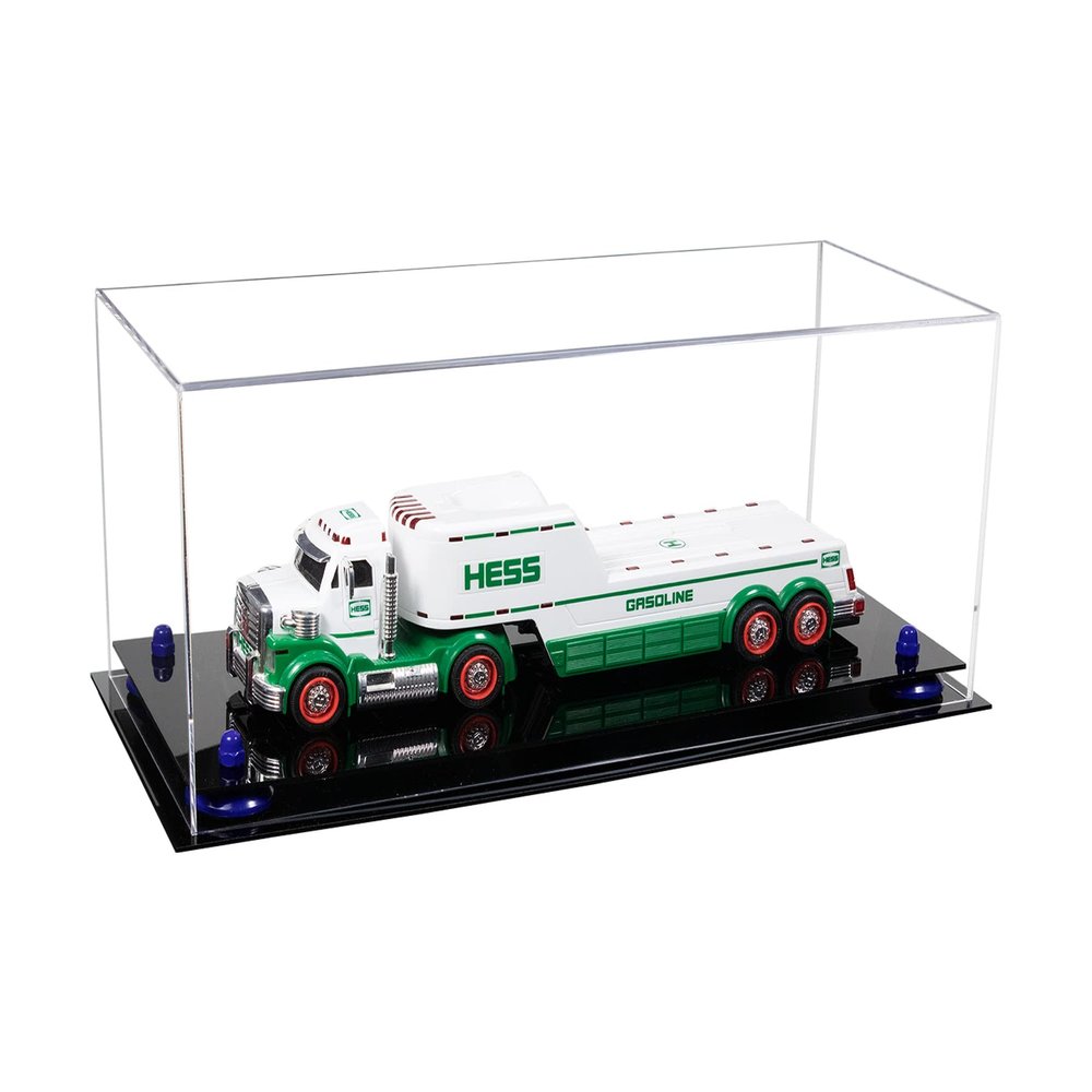 Better Display Cases Versatile Clear Acrylic Trucks, Trains and Rockets Display Case - Large Rectangle Box with Clear Case, Dark Blue Risers and Black Base 19.25" x 8.25" x 8" (A103/V47)
