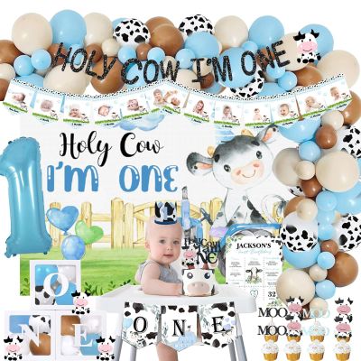 118 PCs Holy Cow Im One Birthday Decorations Boy, Hombae Cow First Party Decorations Backdrop Balloon Garland Monthly Photo High Chair Banner Cake Cupcake Topper Crown Box Poster White Black Blue