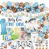 118 PCs Holy Cow Im One Birthday Decorations Boy, Hombae Cow First Party Decorations Backdrop Balloon Garland Monthly Photo High Chair Banner Cake Cupcake Topper Crown Box Poster White Black Blue view 1