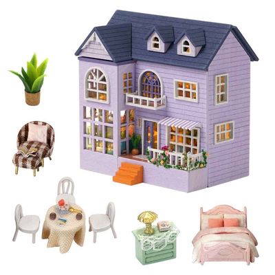 Miniature European-Style Chalet Cottage Dollhouse Kit Wooden Furniture, DIY Dollhouse Kit with LED Creative Room,Adult Teenager Children Gift (Double Storey Villa)