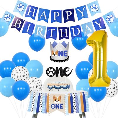 Cheereveal First Birthday Decorations for Boy Dog Theme Party Blue, Puppy Themed 1st Birthday Party Decor, Dog Theme Birthday Party Supplies with Dog 1st High Chair Banner, Hat, Cake Topper