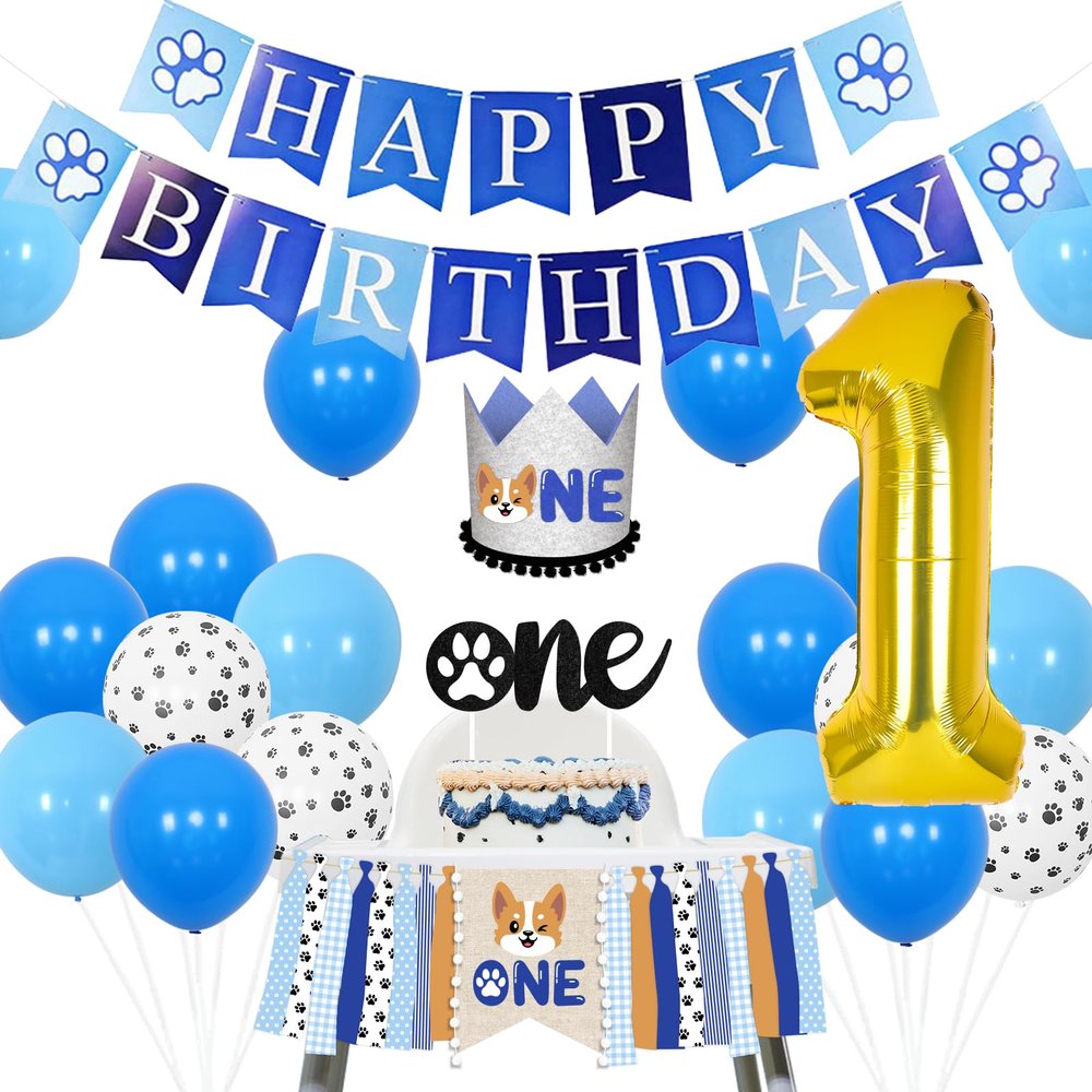 Cheereveal First Birthday Decorations for Boy Dog Theme Party Blue, Puppy Themed 1st Birthday Party Decor, Dog Theme Birthday Party Supplies with Dog 1st High Chair Banner, Hat, Cake Topper