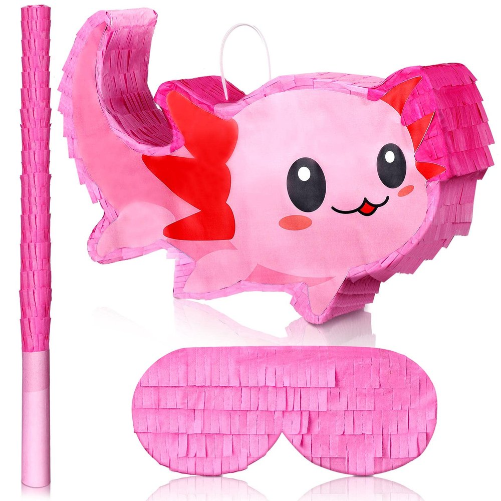 Sratte Pink Axolotl Piata Cute Axolotl Party Supplies Piata with Blindfold and Bat Party Decorations for Birthday Fiesta Supplies, 14.96 x 9.45 x 2.95 inch