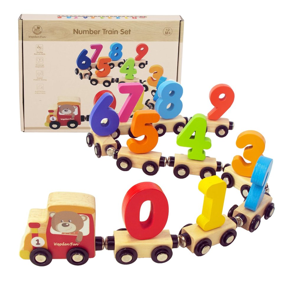 WOODENFUN Number Train Set for 1 2 3 Year Olds, Educational Toy Cars for Toddlers, Montessori Learning Toys for Boys and Girls (Red)