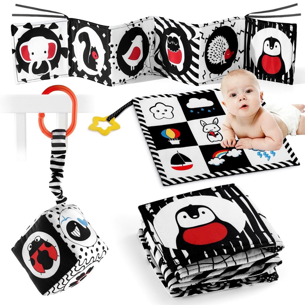 SAMMAS 3 Pcs Black and White High Contrast Baby Toys 0-6 Months for Newborn, Babies Sensory Soft Book for Early Education, Infant Tummy Time Cloth Book, Montessori Toys for Babies