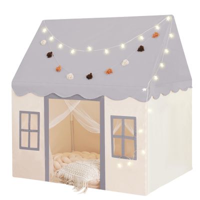 Little Dove Play Tent with mat, Star Lights, Tissue Garland, Kids playtent Indoor, Toddler Play Tent Large Outdoors for Kids Aged 3+, 52" x35" x 52", Toddler Teepee Play House with Windows Grey Color