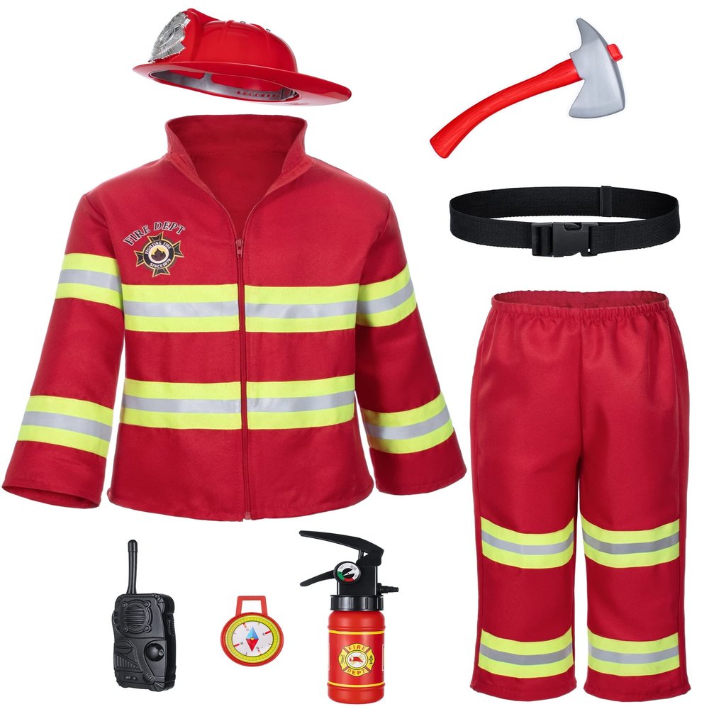 Kid's Fireman Firefighter Costume Toys with Complete Accessories for Boys and Girls Birthday Halloween Party Dress Up Red 2T 3T