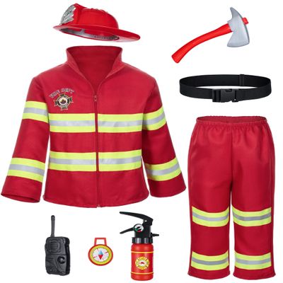 Kid's Fireman Firefighter Costume Toys with Complete Accessories for Boys and Girls Birthday Halloween Party Dress Up Red 6-7 Years