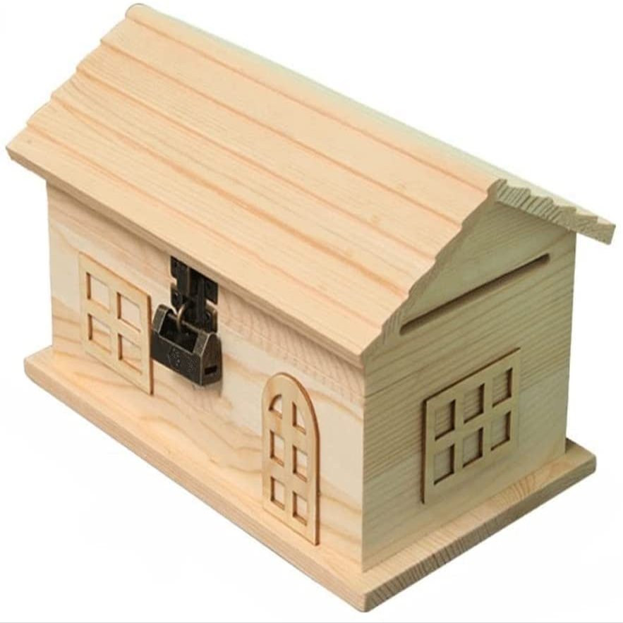 Bsetain Piggy Bank Children's Toy Money Box Wooden Coin Bank Small House Money Bank with Lock with Paintbrush Fun Unfinished Handmade Creative Gifts Great Gift