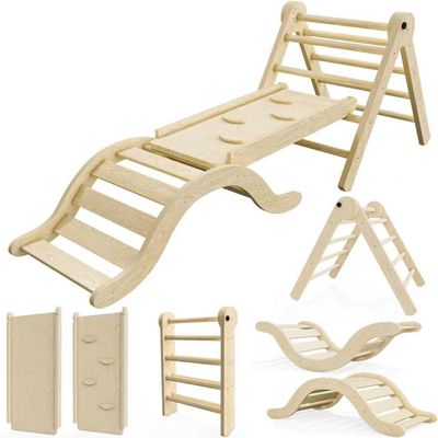 bbgroundgrm Pikler Triangle Set Climber 5 in 1, Toddler Climbing Toys Indoor Folding with Ramp & Arch for Montessori Play Gym for Toddlers and Kids (Natural)(99" Wx21 Dx23 H)