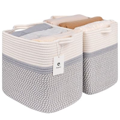 laughbird Medium and Large Woven Basket//With Handle, Used for Toys and Fabric Storage Basket used for Storing xl Storage Box, Decorative Storage Box Room 2pack (14L*12H YWhite/Gray, 14L*10W*12H)