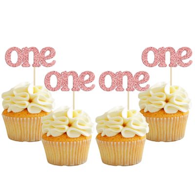 24Pcs First Birthday Cupcake Toppers Glitter One Cupcake Picks Baby Shower 1st Birthday Cake Decorations Party Supplies Rose Gold