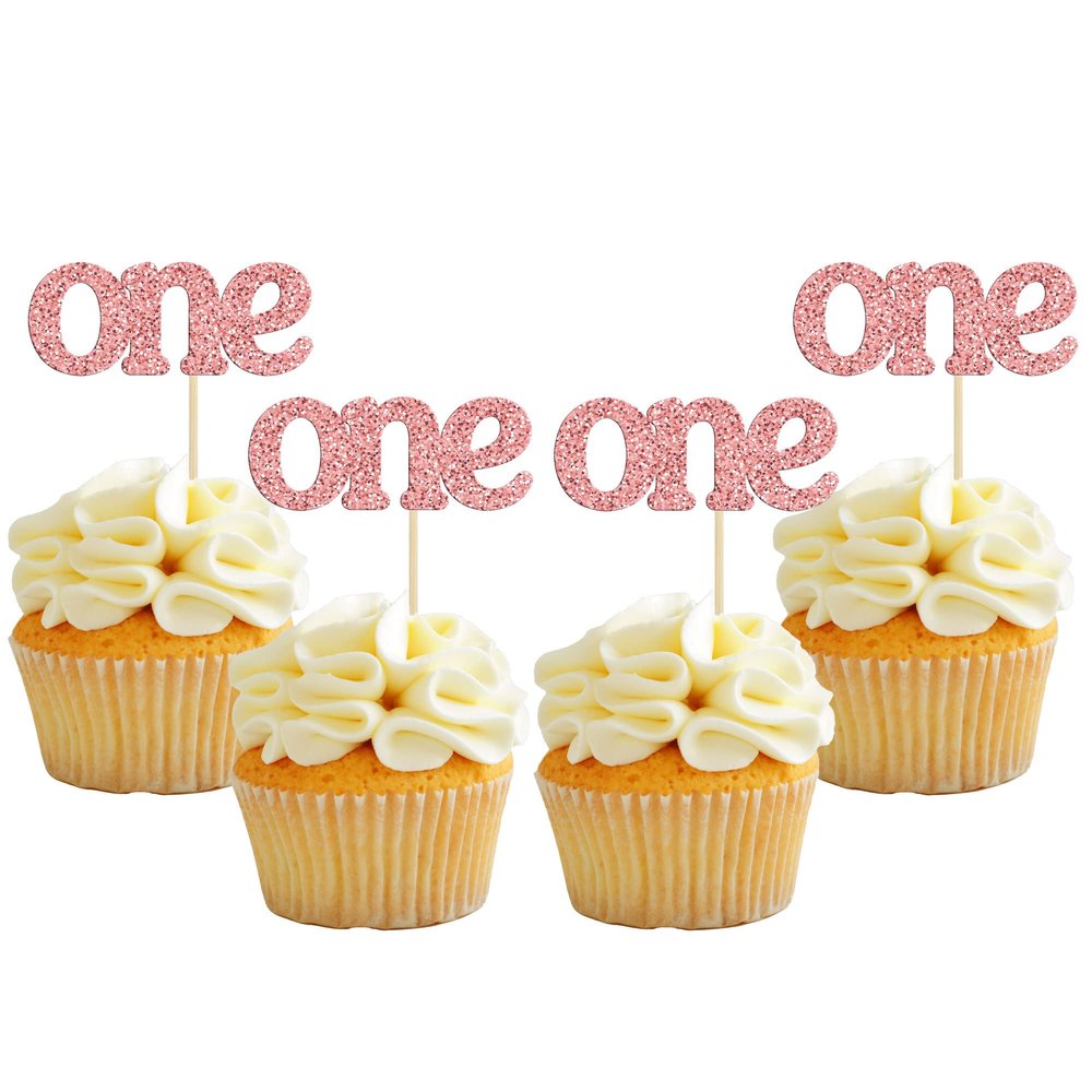 24Pcs First Birthday Cupcake Toppers Glitter One Cupcake Picks Baby Shower 1st Birthday Cake Decorations Party Supplies Rose Gold