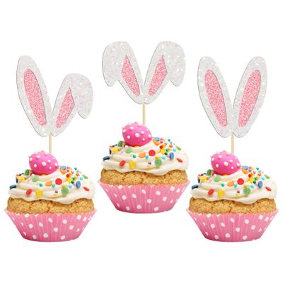24Pcs Glitter Bunny Ears Cupcake Toppers Easter Rabbit Theme Happy Birthday Cupcake Picks for Bunny Happy Easter Baby Shower Birthday Spring Easter Party Cake Decorations