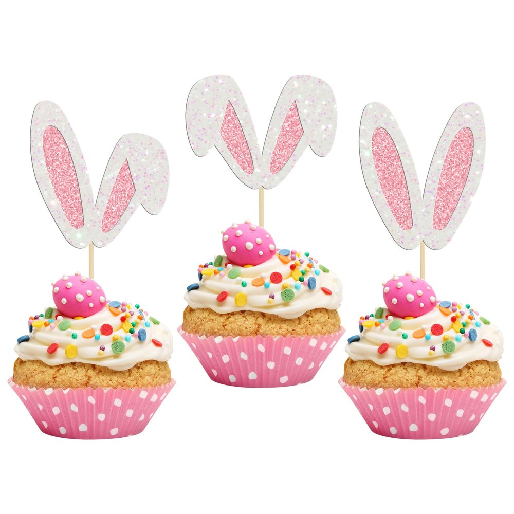 24Pcs Glitter Bunny Ears Cupcake Toppers Easter Rabbit Theme Happy Birthday Cupcake Picks for Bunny Happy Easter Baby Shower Birthday Spring Easter Party Cake Decorations