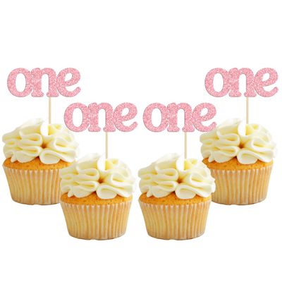 24Pcs One Cupcake Toppers Glitter Baby First Birthday Party Cupcake Food Picks Decorations for Baby Shower Boys Girls Kids 1st Birthday Party Cake Decorations Supplies Pink