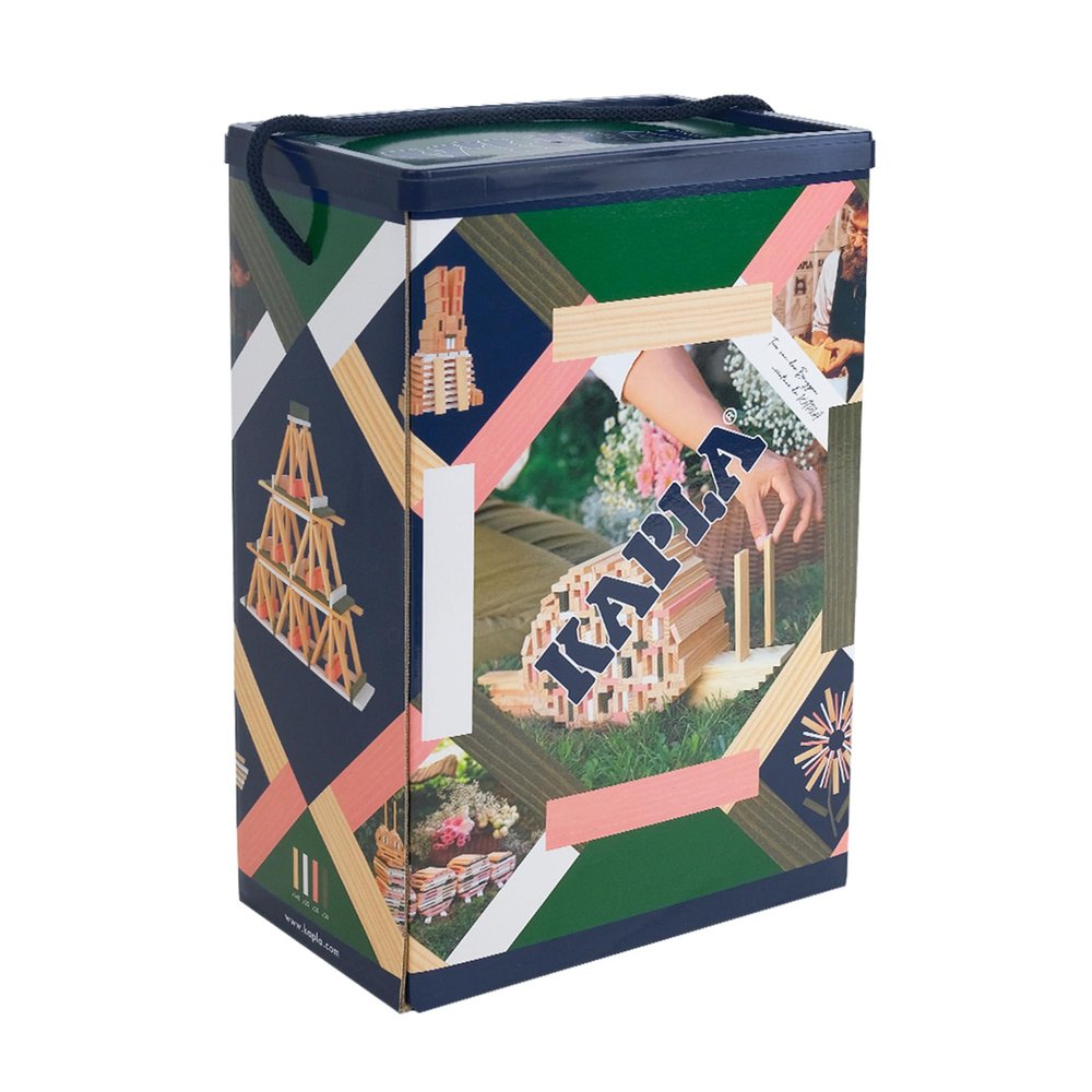KAPLA Spring Barrel with 200 Coloured Boards (Green Pink and White), Wooden Game and Building Game from 2 Years