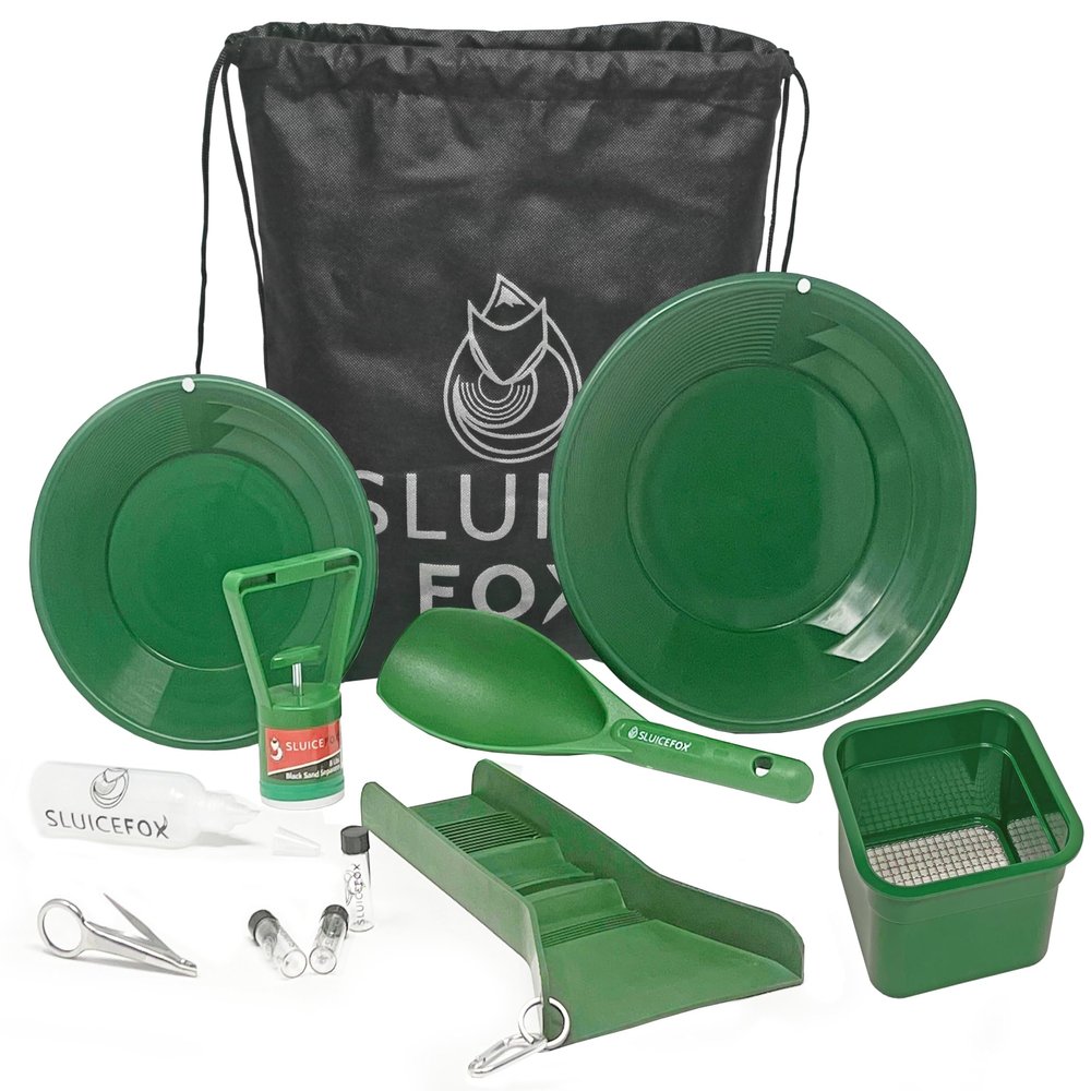 Compact Gold Prospecting Kit with 12" Pocket Sluice Box  Includes Miners Moss, Gold Trap Mat, Classifier Pan, Vials, and Tote Backpack TPR