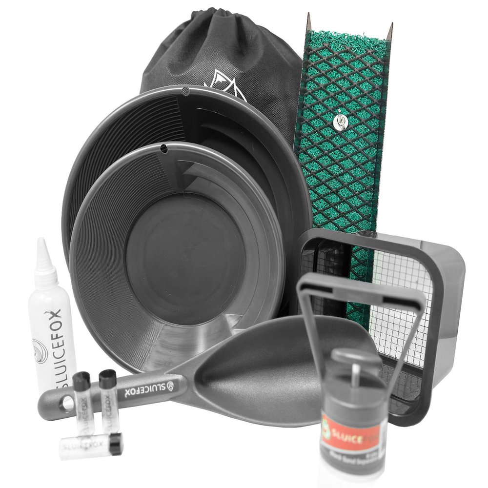 Compact Gold Prospecting Kit with 12" Pocket Sluice Box  Includes Miners Moss, Gold Trap Mat, Classifier Pan, Vials, and Tote Backpack Black
