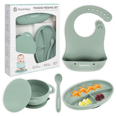 Silicone Baby Feeding Set Led Weaning Supplies with Suction Plate, Waterproof Bowl with Lid, Bib & Spoon Baby Feeding Essentials for 6-12 Months, Plates and Utensils Set (Sage)