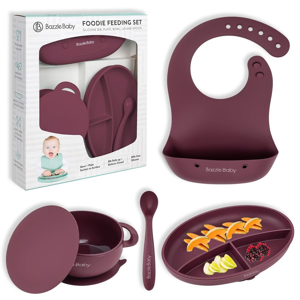 Silicone Baby Feeding Set Led Weaning Supplies with Suction Plate, Waterproof Bowl with Lid, Bib & Spoon Baby Feeding Essentials for 6-12 Months, Plates and Utensils Set (Cranberry)