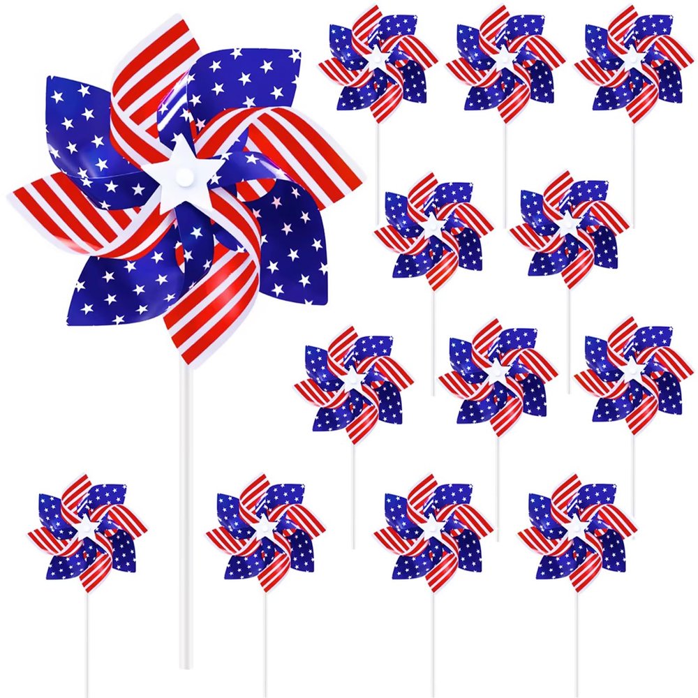 12 Pack 8 Inches American Flag Patriotic Pinwheels Windmill Wind Spinner for Yard Garden Lawn Fourth of July Independence Day Party Decorations