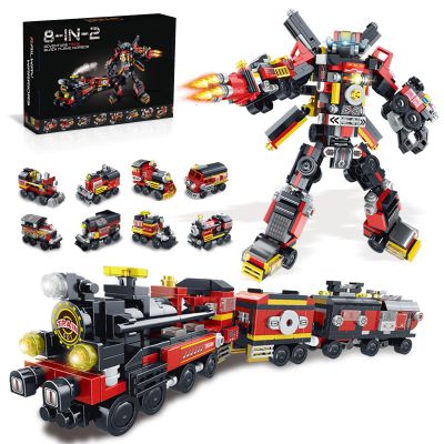 Abbabby Transforming Building Block Toys for Boys Girls Aged 6-12.Steam Train or 8 Locomotive Models or Warrior Robot.Wheeled Train Toys.8in2 Construction Toys.Idea Gifts for Kids(766P)