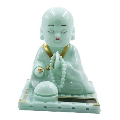 Little Monk Figurine Solar Head Toys Funny Car Shaking Head Toy Chinese Little Buddha Monk Statue Car Dashboard Ornament Home Decorations, Green, L