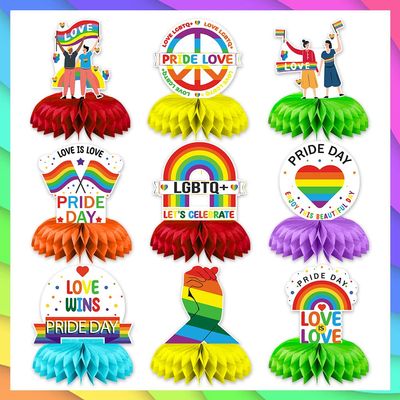 9PCS Pride Honeycomb Table Centerpiece Pride Day Decorations Rainbow Honeycomb Centerpiece LGBT Love Win Love is Love 3D Table Toppers Centerpiece Signs for Pride Month Party Supplies