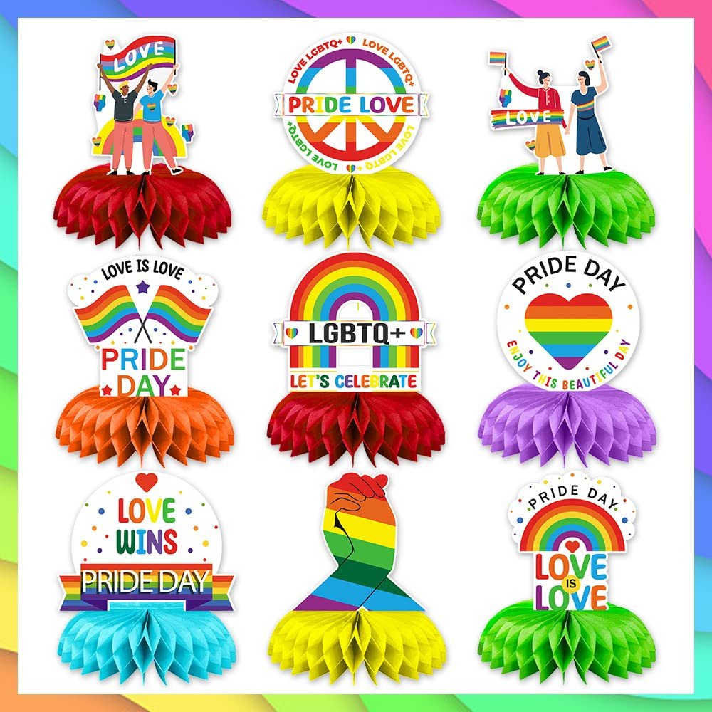 9PCS Pride Honeycomb Table Centerpiece Pride Day Decorations Rainbow Honeycomb Centerpiece LGBT Love Win Love is Love 3D Table Toppers Centerpiece Signs for Pride Month Party Supplies