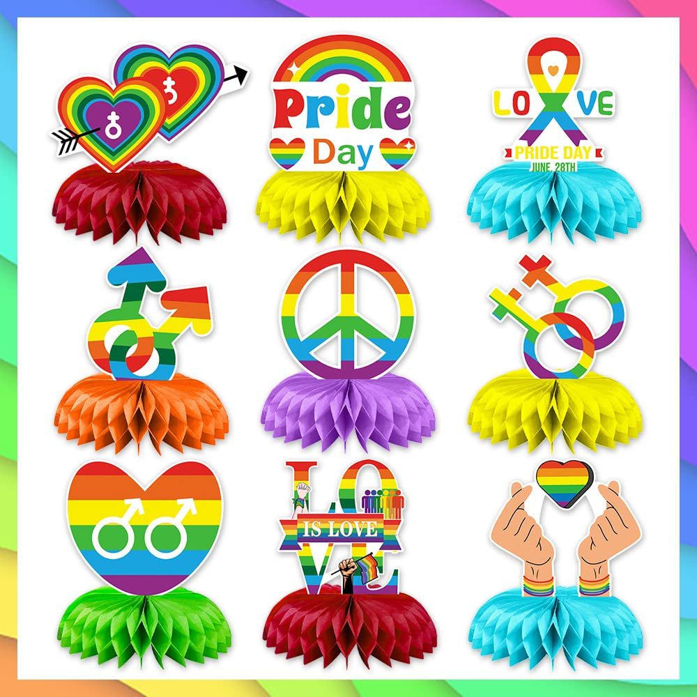 9PCS Pride Honeycomb Table Centerpiece Pride Day Decorations Rainbow Honeycomb Centerpiece LGBT Love is Love 3D Table Toppers Centerpiece Signs for Pride Month Party Supplies